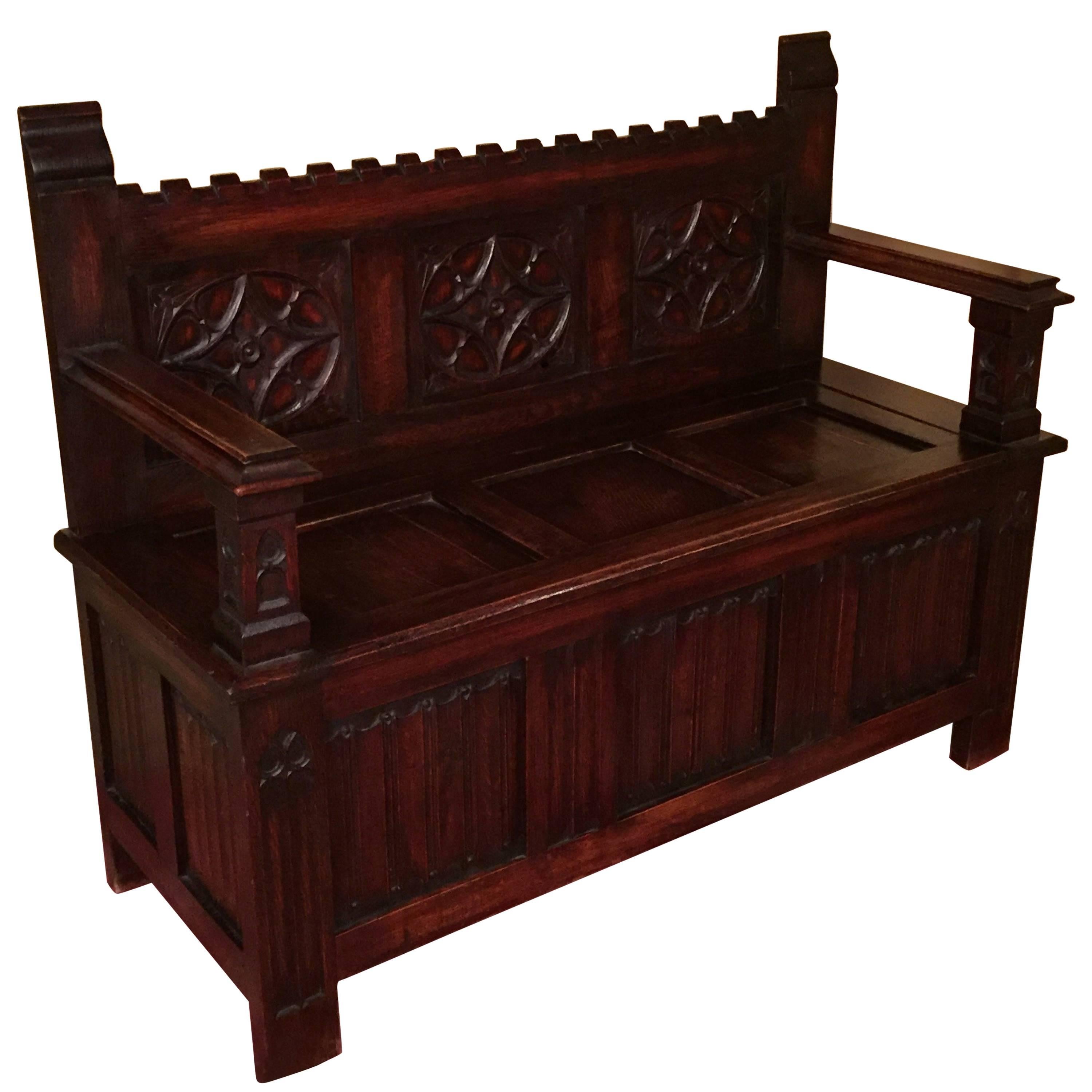 19th Century Seat Bench Neo Gothic Solid Oak