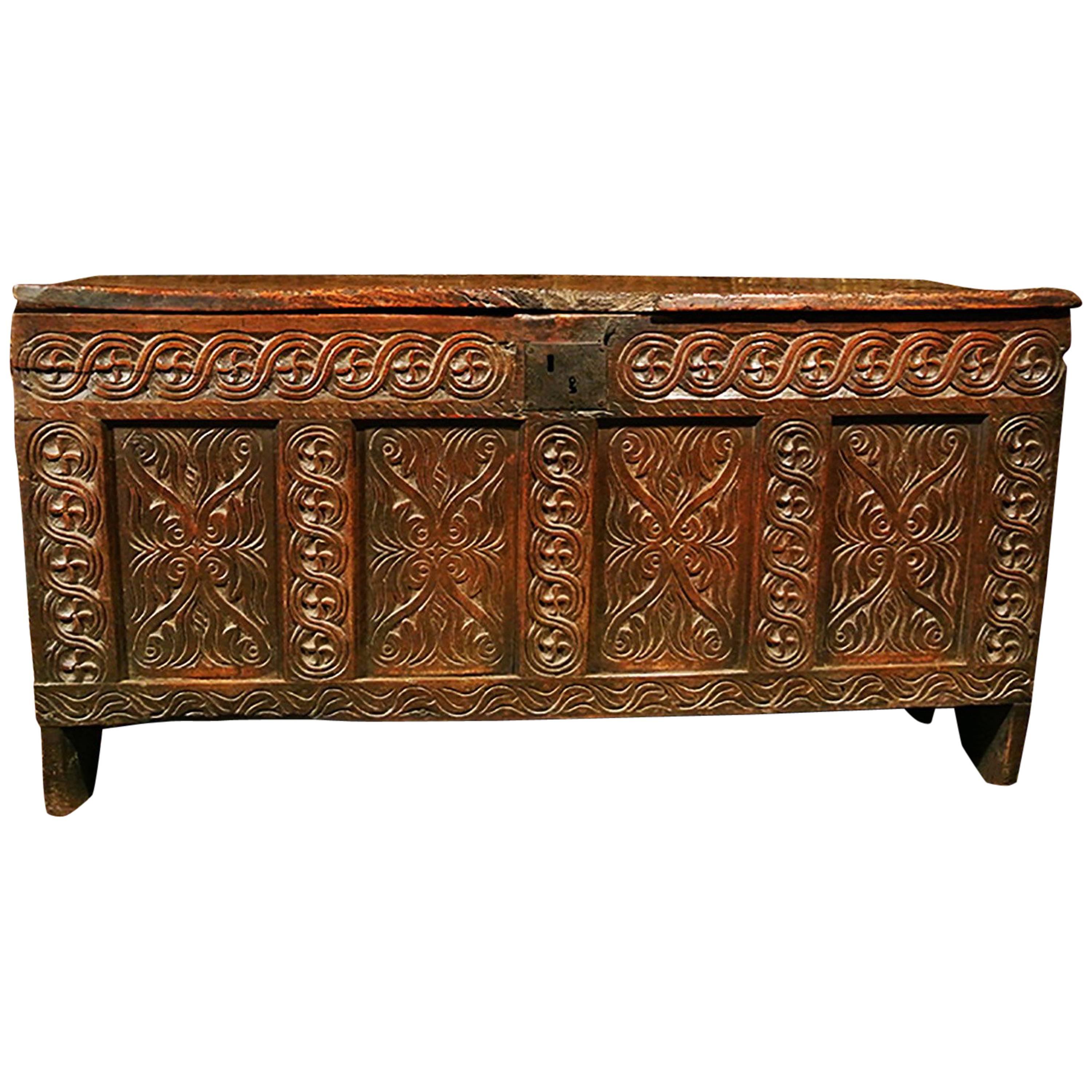 English James I Joined Elm Four Panel Guillouche Carved Coffer, circa 1610 For Sale