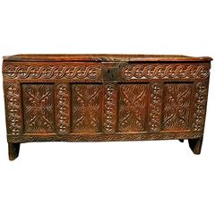 Antique English James I Joined Elm Four Panel Guillouche Carved Coffer, circa 1610