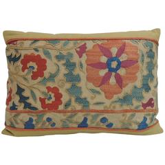 Antique Orange and Blue Embroidery Floral Suzani Decorative Lumbar Pillow