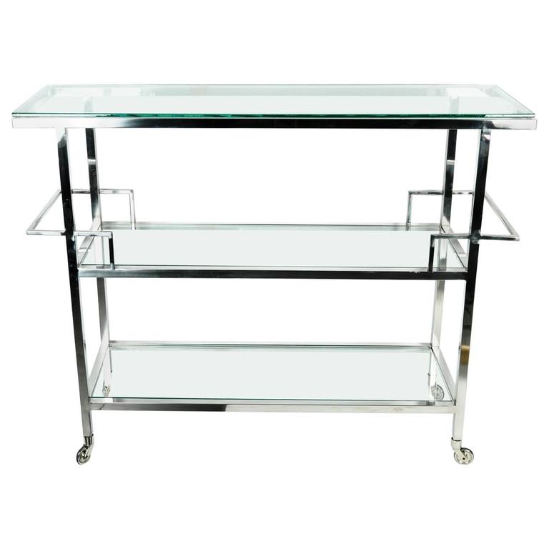 MidCentury Metal Wheeled Bar Cart with Glass Top and Shelves For Sale