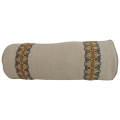 Antique Linen Round Bolster Decorative Pillow with Vintage Jute Trims