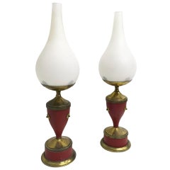 Pair of Midcentury Red Varnished Metal, Brass and Glass Table Lamps, Italy 1950s
