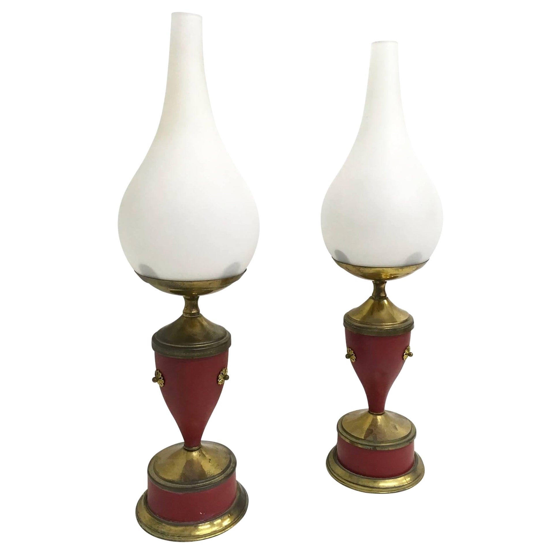 Vintage Pair of Red Varnished Metal, Brass and Glass Table Lamps, Italy For Sale