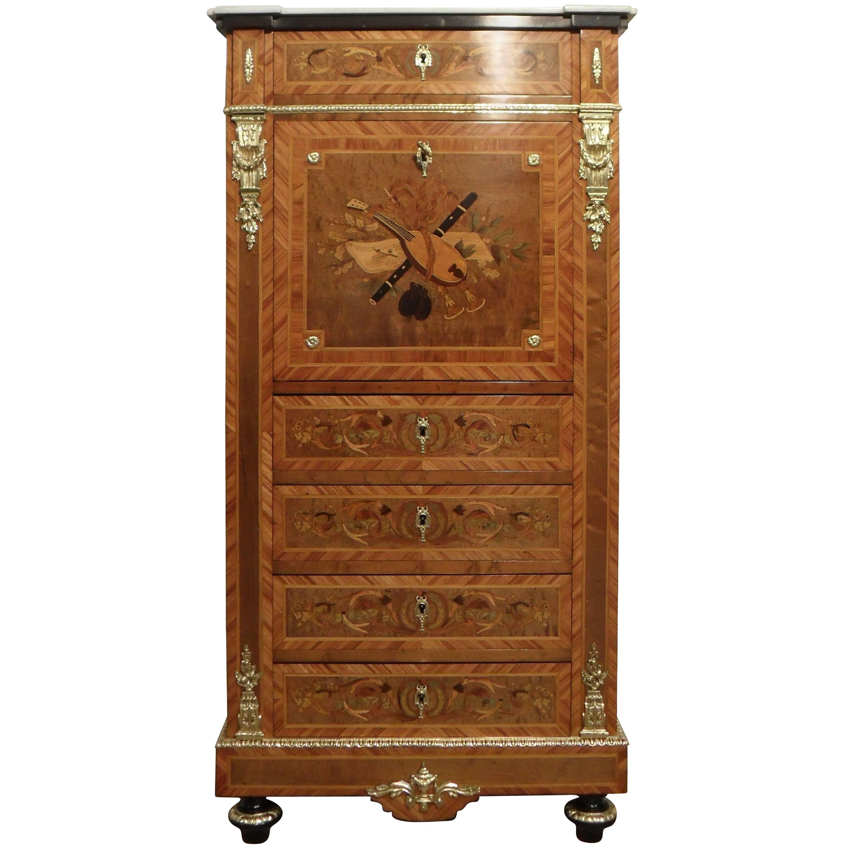 French 19th Century Marquetry Inlaid Escritoire Writing Cabinet