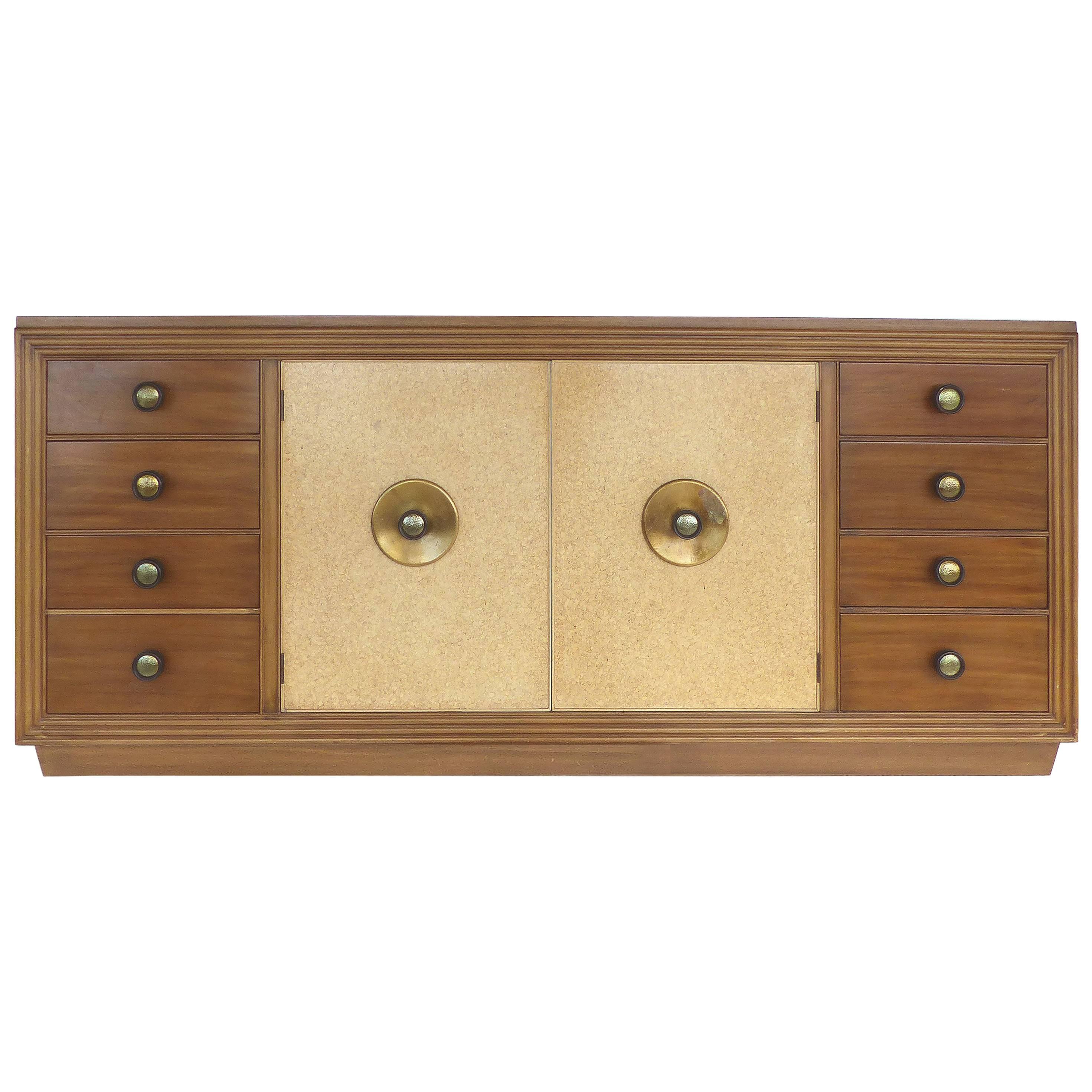 Paul Frankl for Johnson Furniture Mahogany, Cork and Hammered Brass Sideboard
