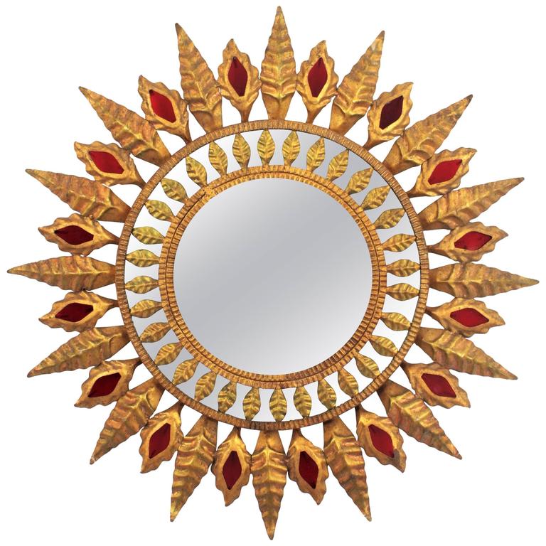 Spanish 1960s Hollywood Regency Gilt Iron Sunburst Mirror with Red