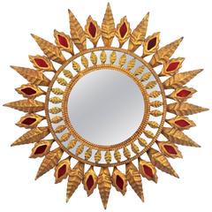Spanish 1960s Hollywood Regency Gilt Iron Sunburst Mirror with Red Glass Accents 3