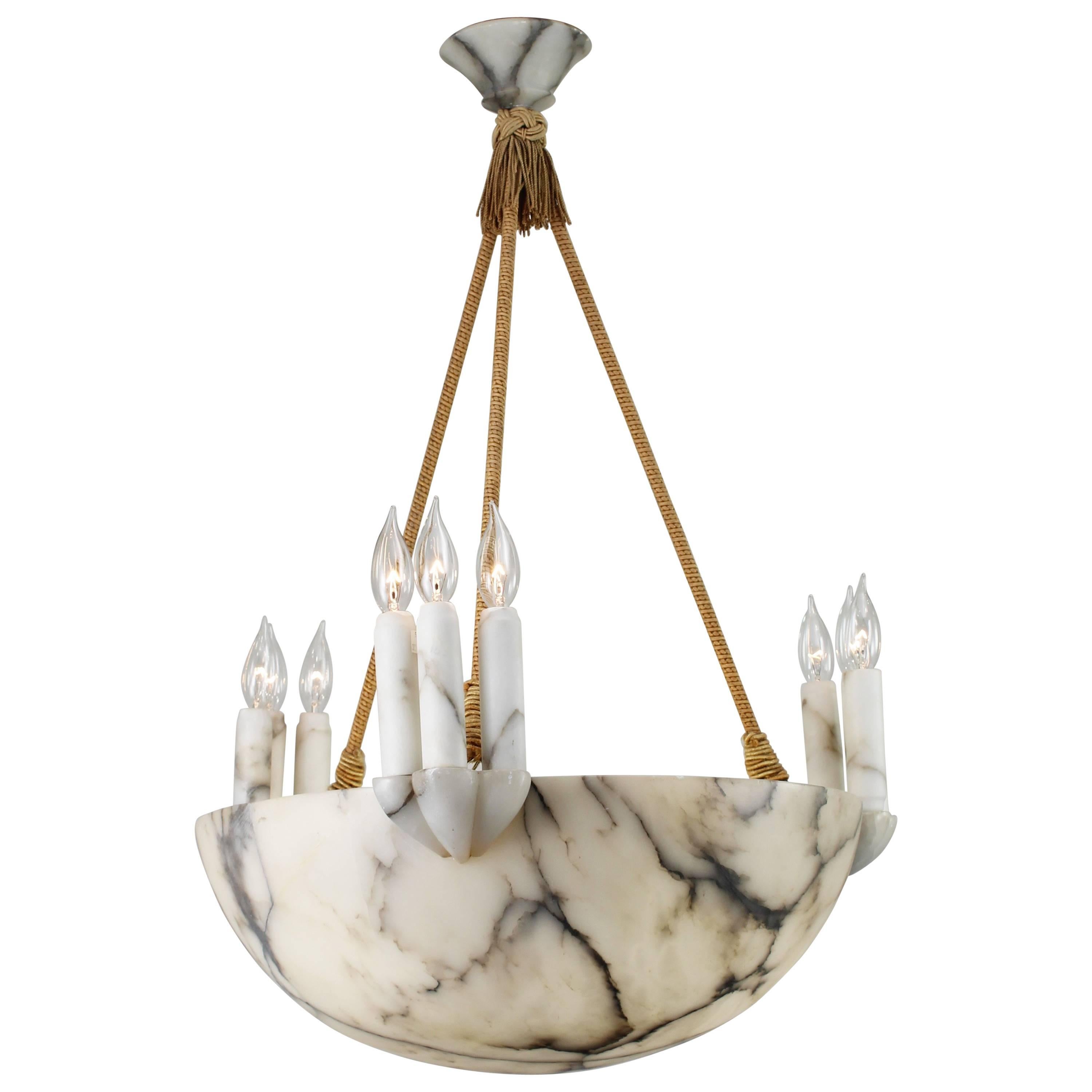 Alabaster Art Deco Bowl Pendant Light with Nine Candles For Sale