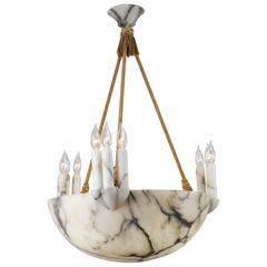 Vintage Alabaster Art Deco Bowl Pendant Light with Nine Candles