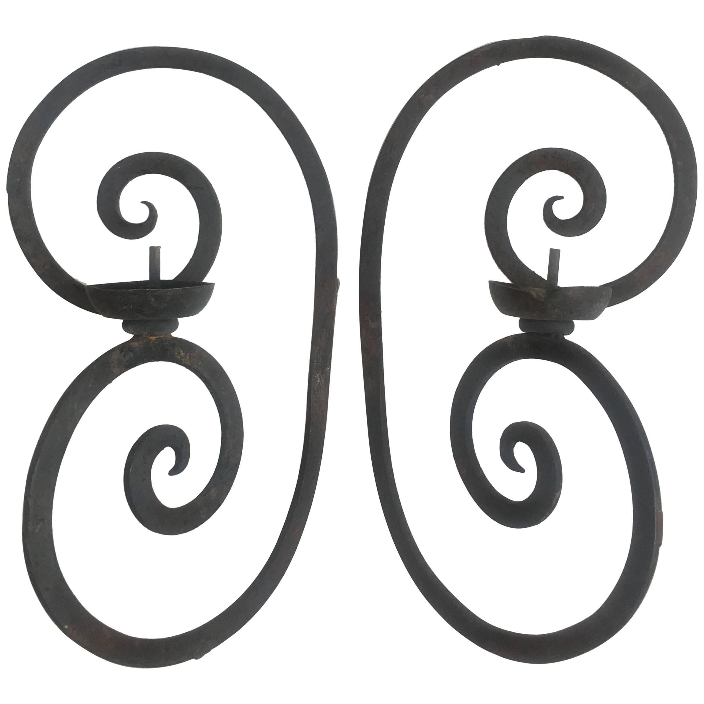 Pair of Single Arm Wrought Iron Scroll Back Sconces with Bobeche For Sale