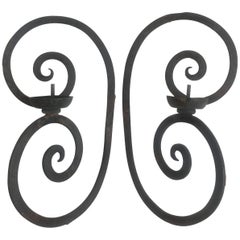 Pair of Single Arm Wrought Iron Scroll Back Sconces with Bobeche