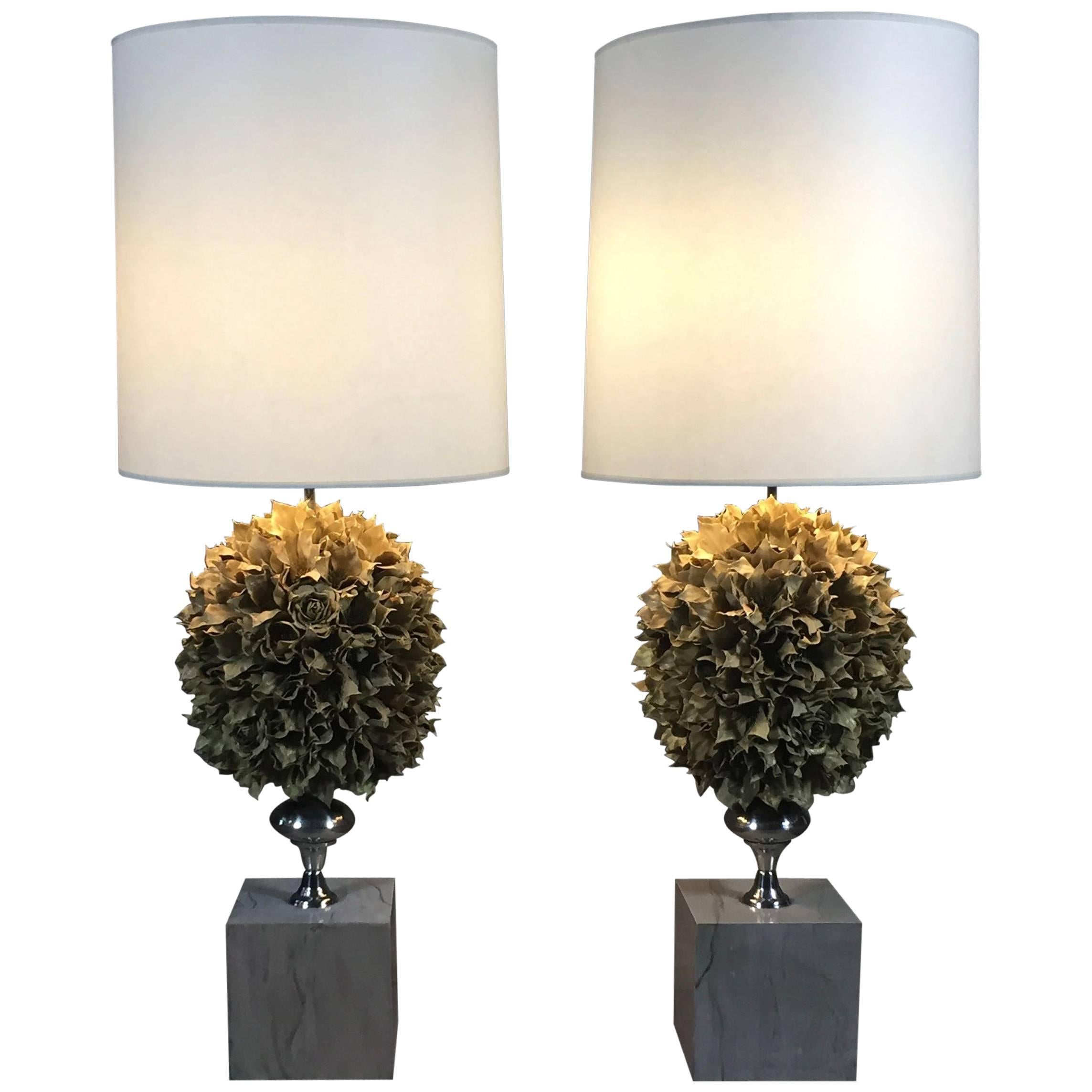 Pair of Tall American Faux Floral Cluster and Chrome Table Lamps For Sale