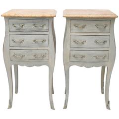 Pair of Gustavian Louis XV Style Bedside Tables in Grey with Marble Tops