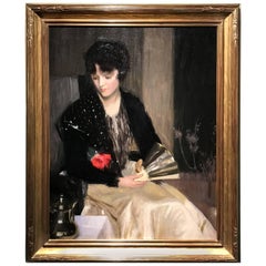 Louise Williams Jackson Oil Painting Portrait of a Woman with Fan and Rose