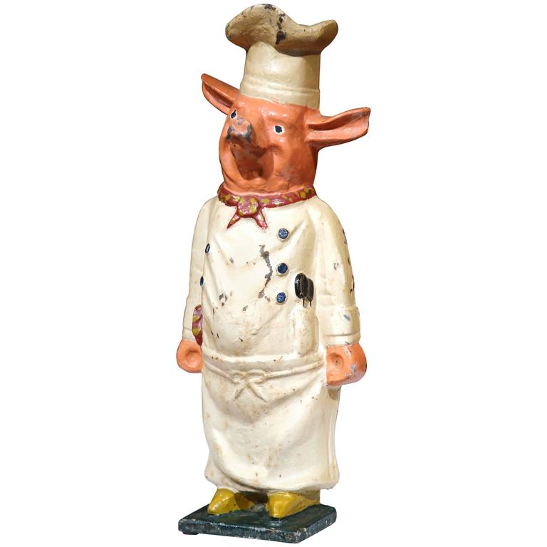 Early 20th Century French HandPainted Cast Iron Pig Restaurant Sign at