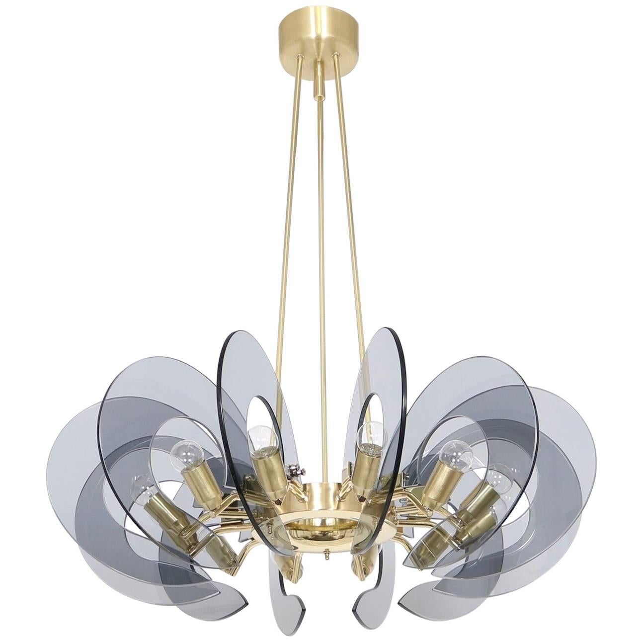 Restored Italian Chandelier in Brass and Blue Glass, Attributed to Fontana Arte
