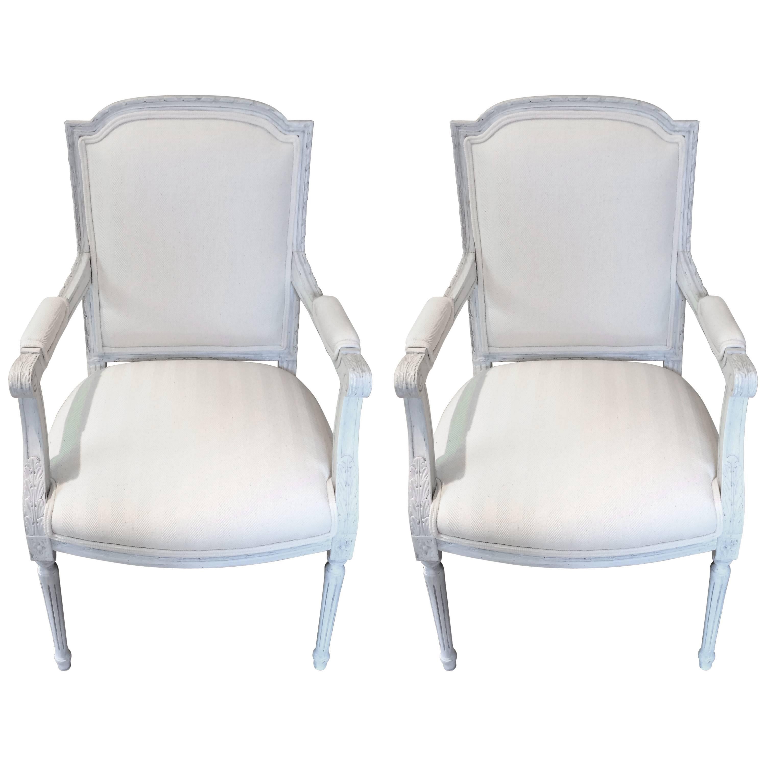 Pair of Gustavian Grey and Newly Upholstered French Fauteuil Armchairs 