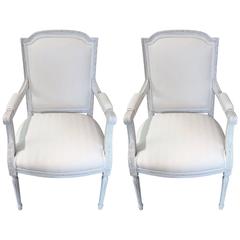 Pair of Gustavian Grey and Newly Upholstered French Fauteuil Armchairs 