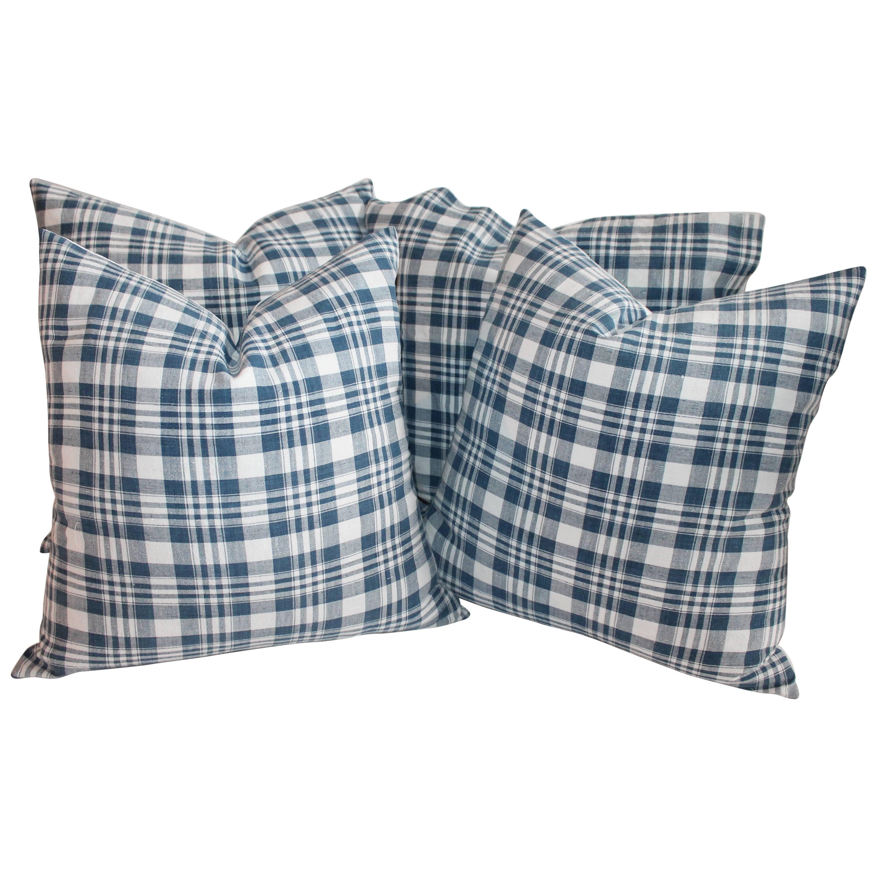 19th Century Blue and White Homespun Linen Pillows For Sale