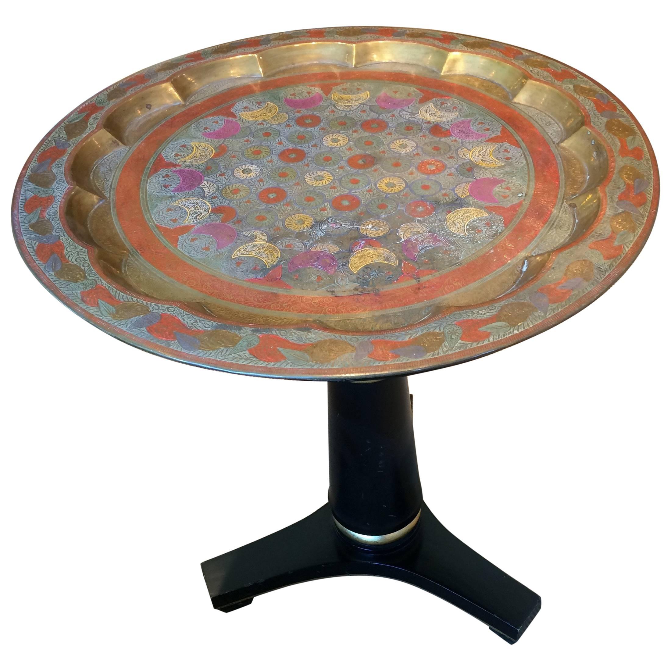 Stunning Regency Style Side Table with Intricately Enameled Brass Top For Sale