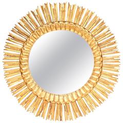 Large Mid-20th Century French Carved Giltwood Sunburst Mirror