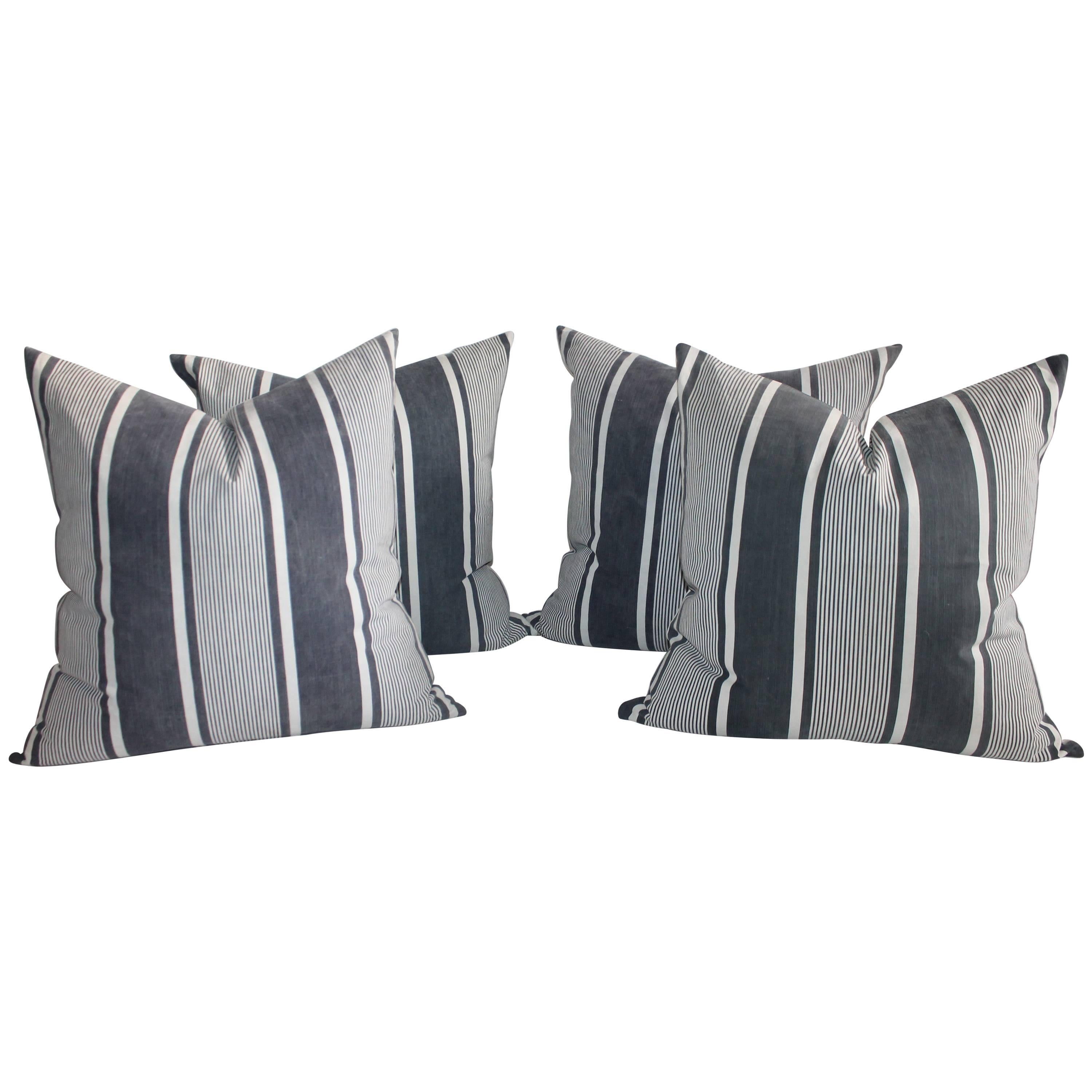 Set of Four Wide Striped 19th Century Ticking Pillows For Sale