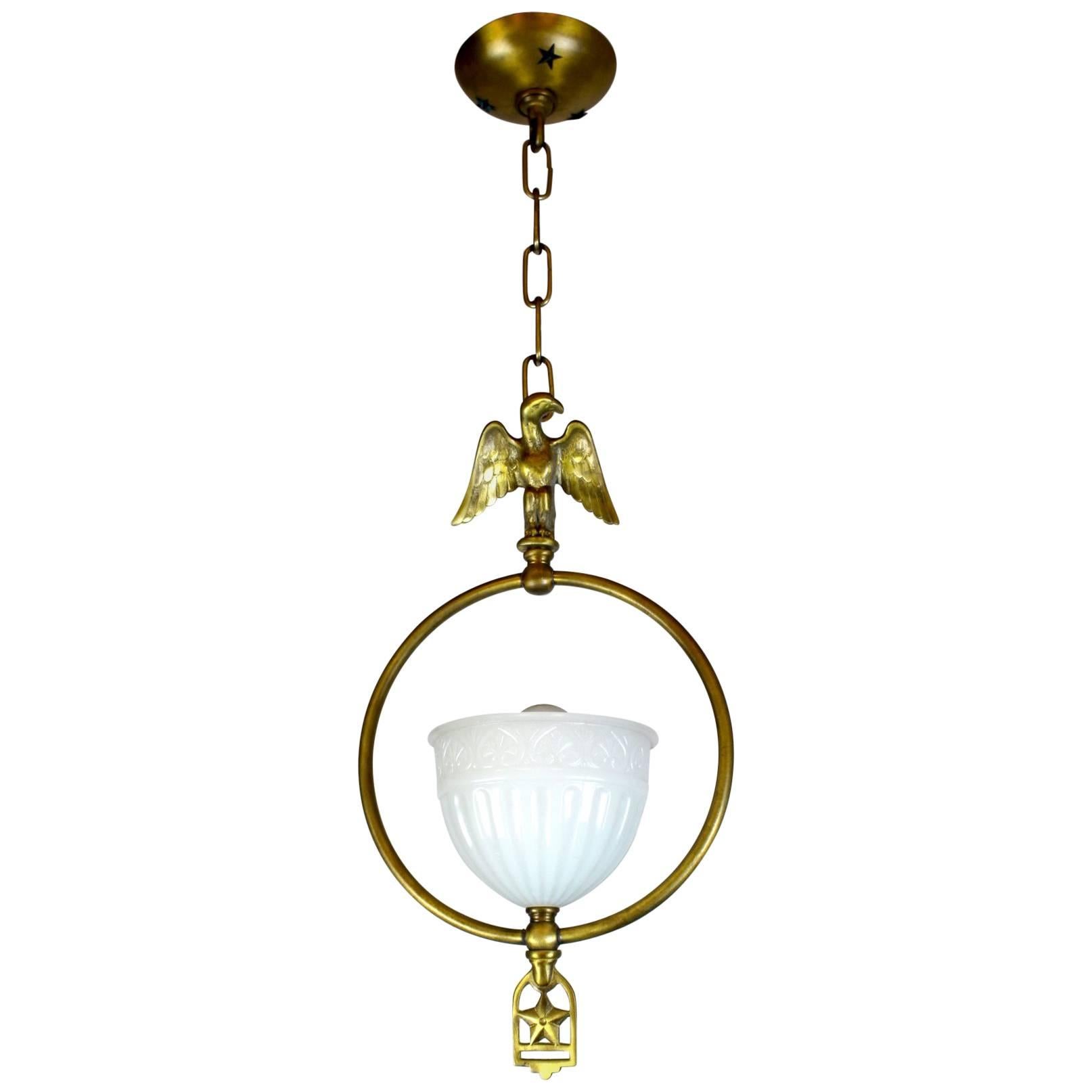 Eagle Pendant Fixture with Original Milk Glass Shade For Sale