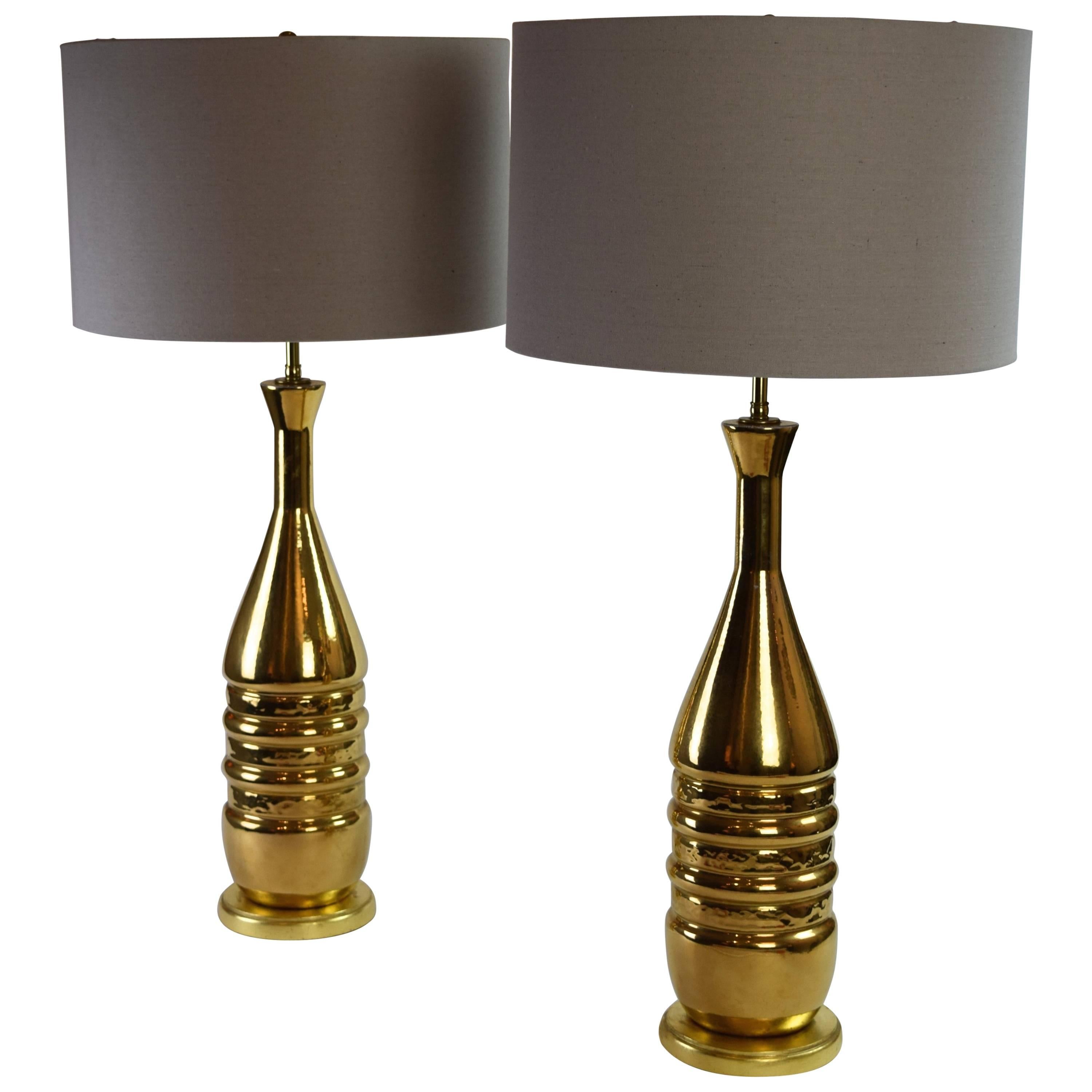 Pair of Tall Mid-Century Modern Gilt Ceramic Lamps For Sale