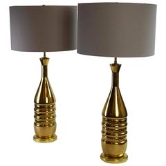 Pair of Tall Mid-Century Modern Gilt Ceramic Lamps