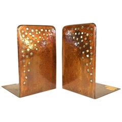 Vintage Pair of Hammered Polished Copper Bookends with Accents in Silver, Madia Israel