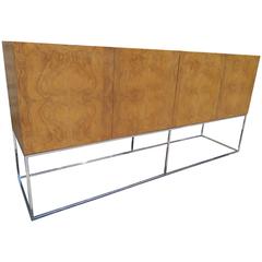 Dramatic Milo Baughman Burled Olive Wood Chrome Credenza Mid-Century Modern 4