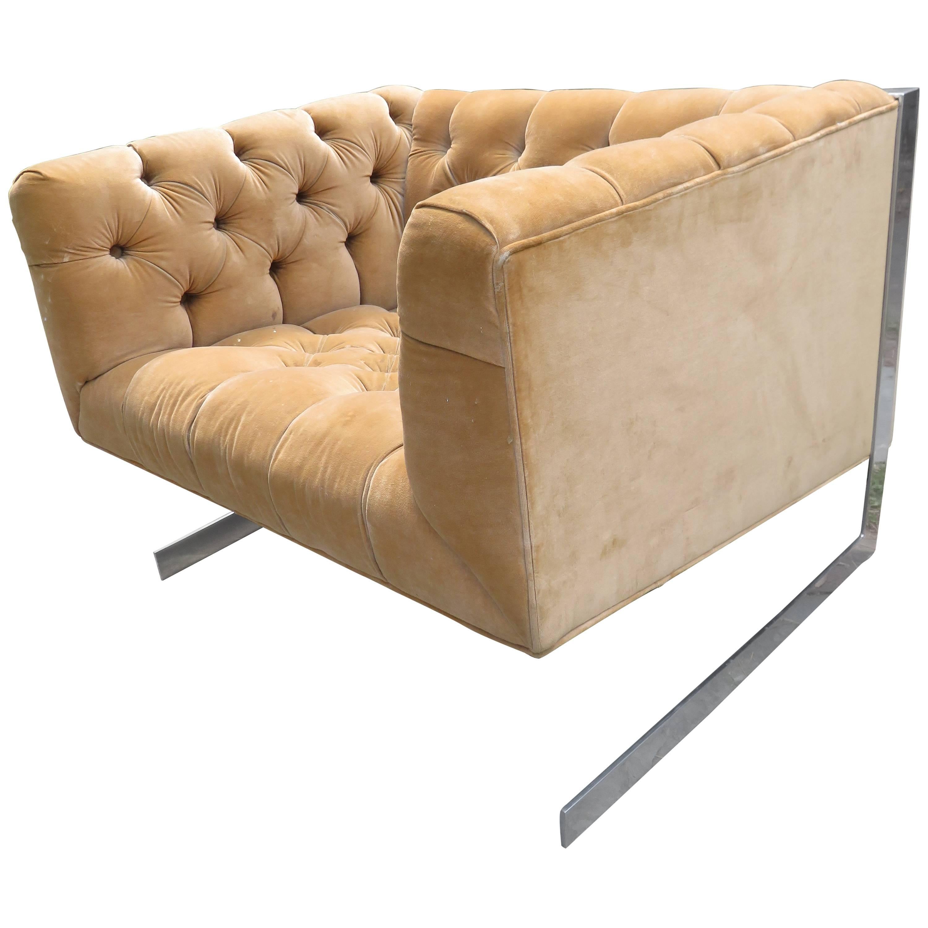 Freitragender, verchromter, getufteter Würfel-Loungesessel, Mid-Century Modern