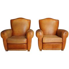 Pair of Vintage French Leather Club Chairs, 1950s