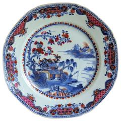 18th Century, Chinese Porcelain Plate, Blue and White with Overglaze Enamels