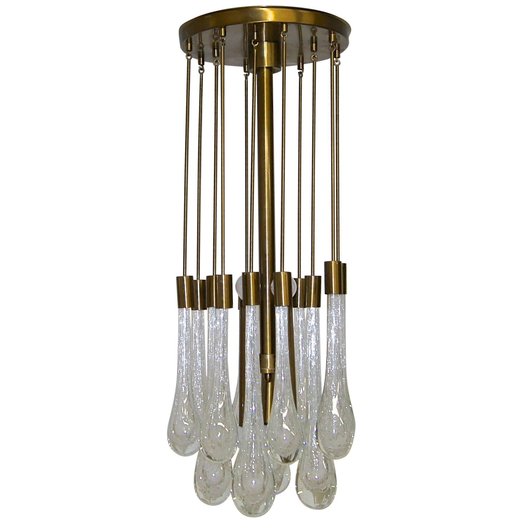 Brass and Controlled Bubble Glass Teardrop Flush Mount Chandelier For Sale