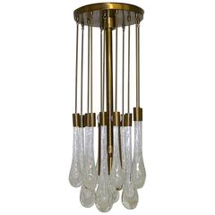 Brass and Controlled Bubble Glass Teardrop Flush Mount Chandelier