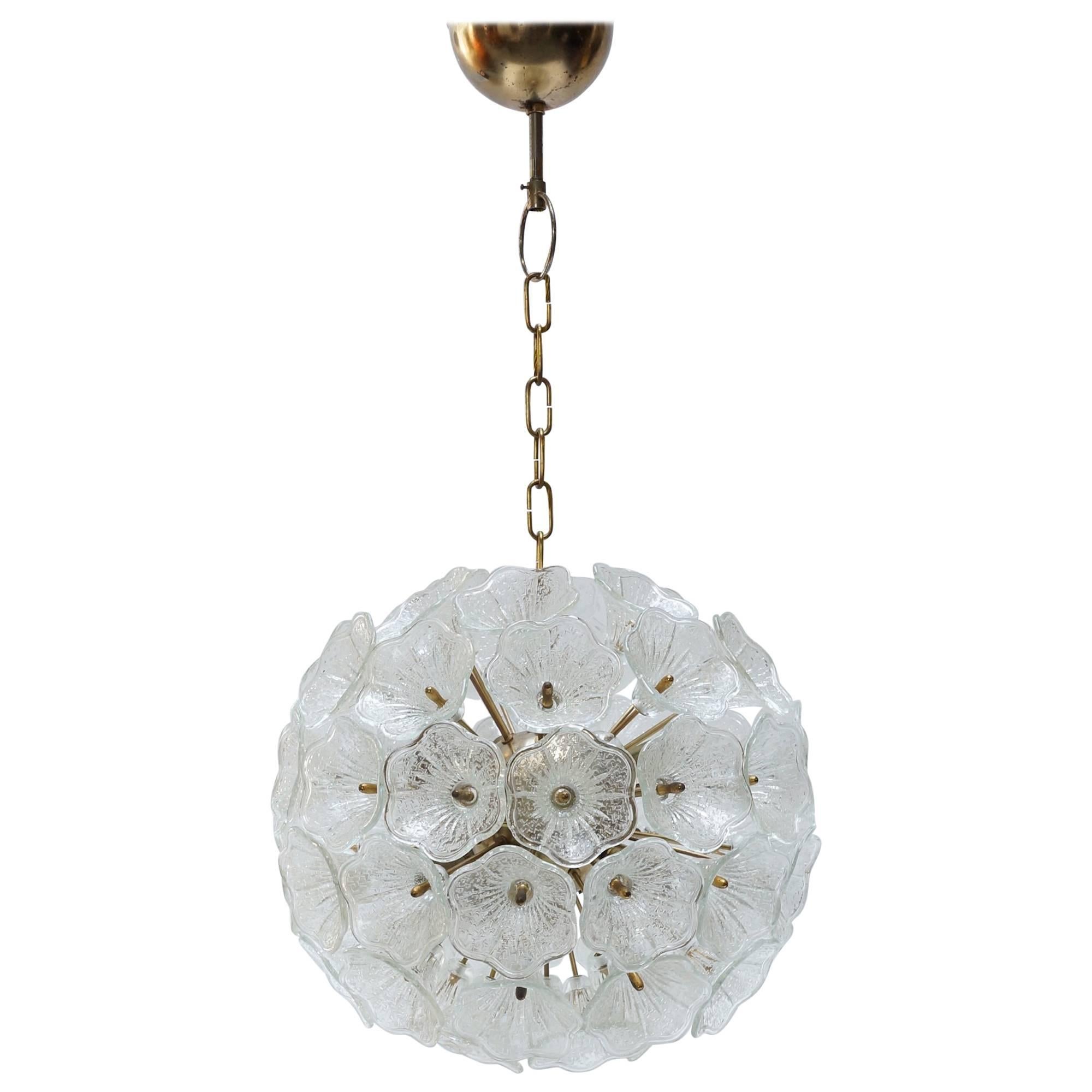 Brass and Glass Murano Glass Flower Chandelier, Italy, 1960s
