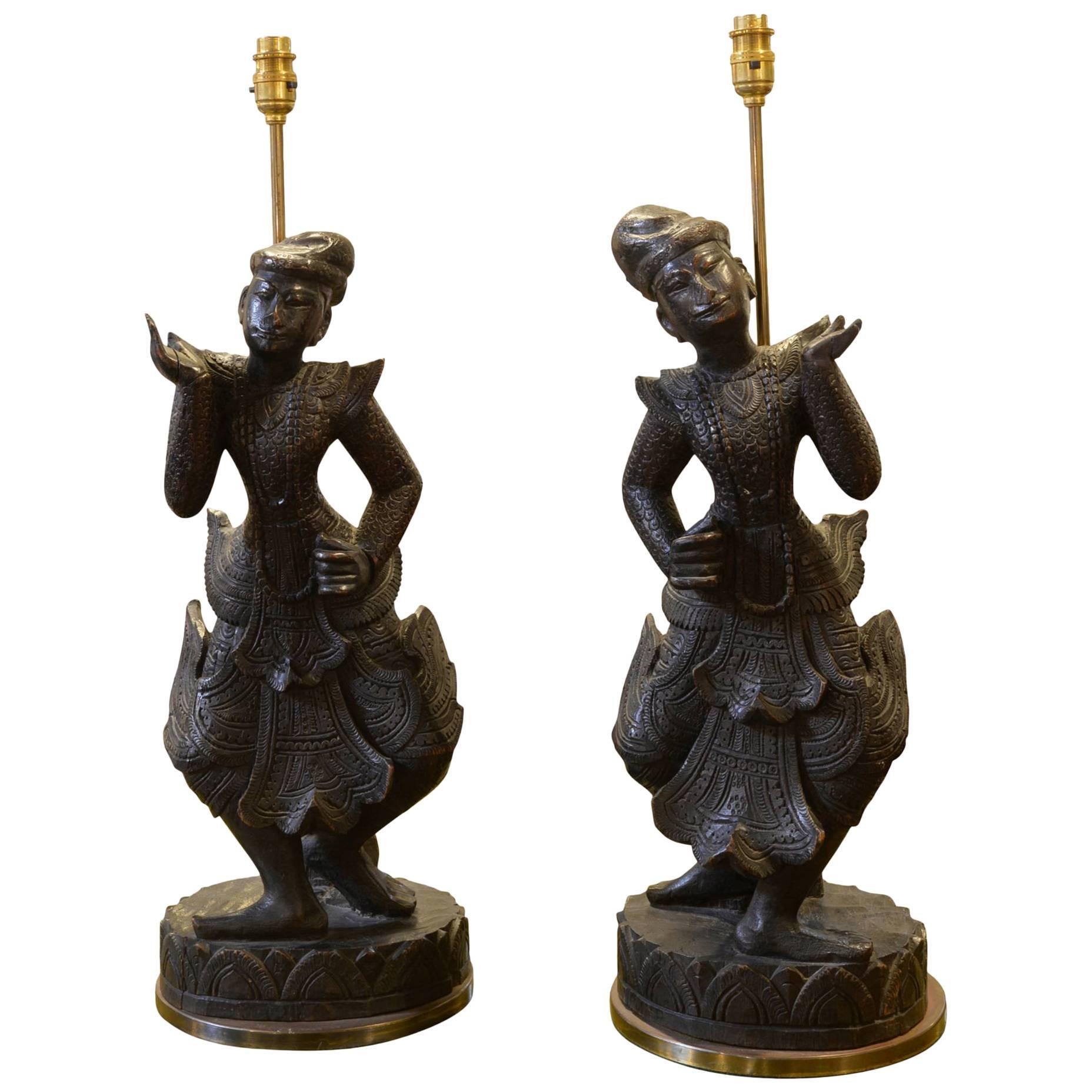 Pair of Wooden Burmese Table Lamps