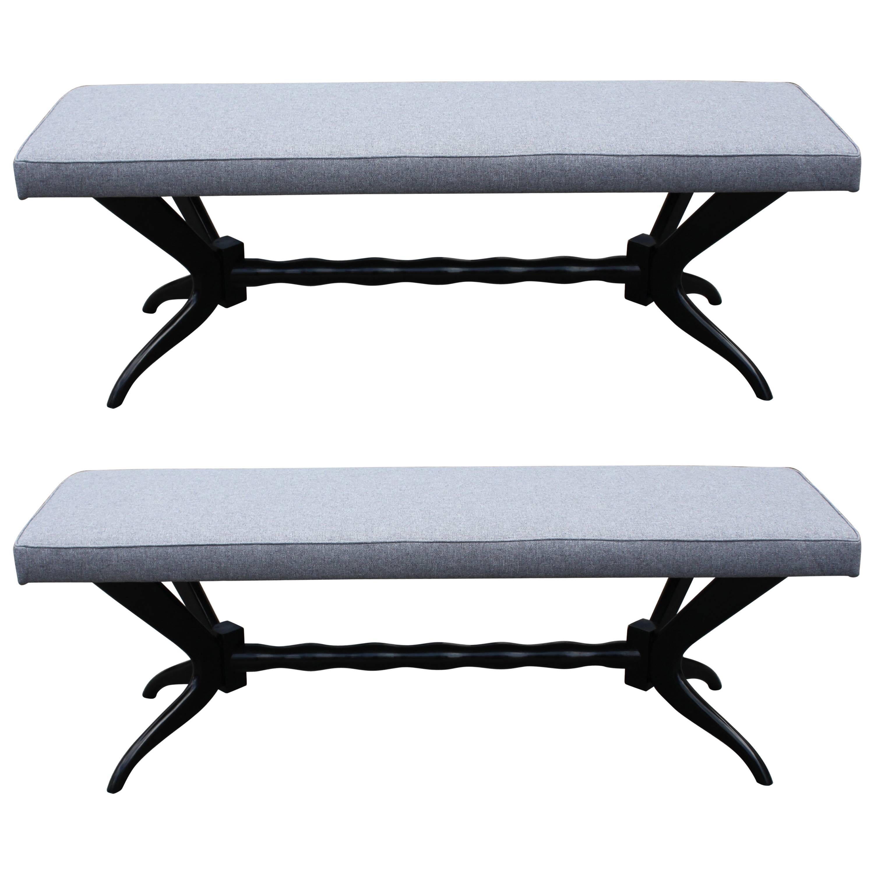 Pair of Black Lacquered Carved Base Benches from 1950s For Sale