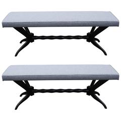 Pair of Black Lacquered Carved Base Benches from 1950s