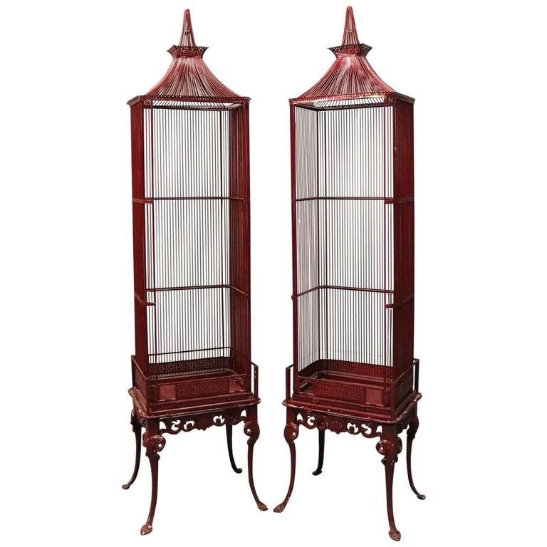 Pair of Vintage French Chinoiserie Pagoda Bird Cage Display