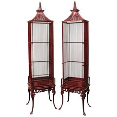 Pair of Vintage French Chinoiserie Pagoda Bird Cage Display Cabinets, circa 1940