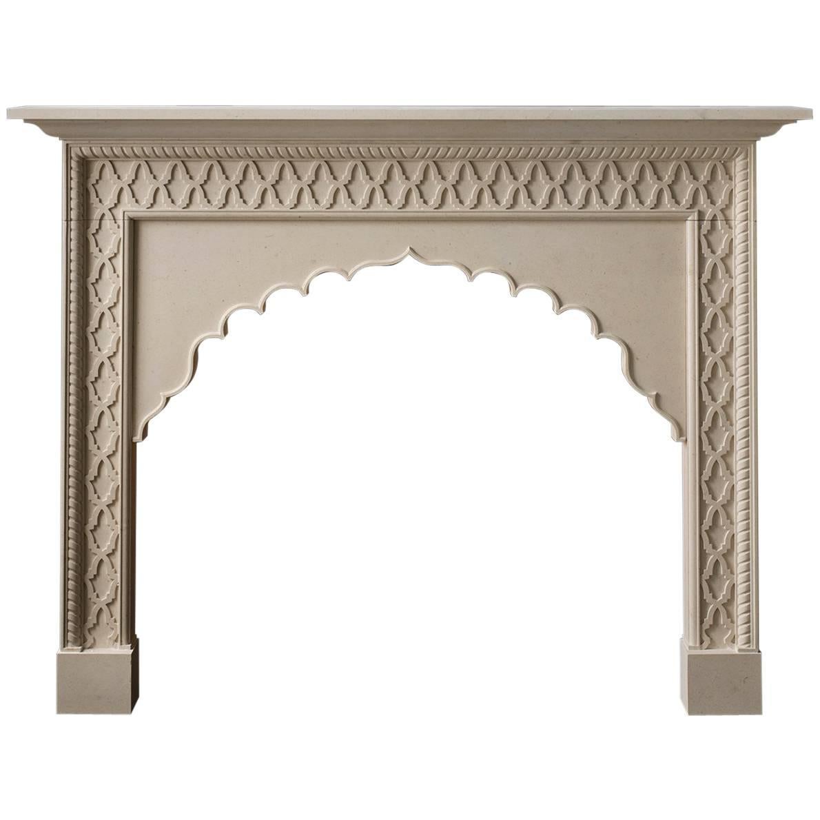 21st Century Reproduction Moroccan Mantel Carved in Limestone