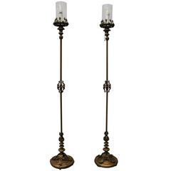 Pair of Antique Cast Bronze Handel Style Torchiere Floor Lamps