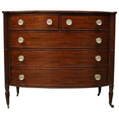 Antique Sheraton Mahogany Locking Bow Front Chest of Drawers, Glass Pulls