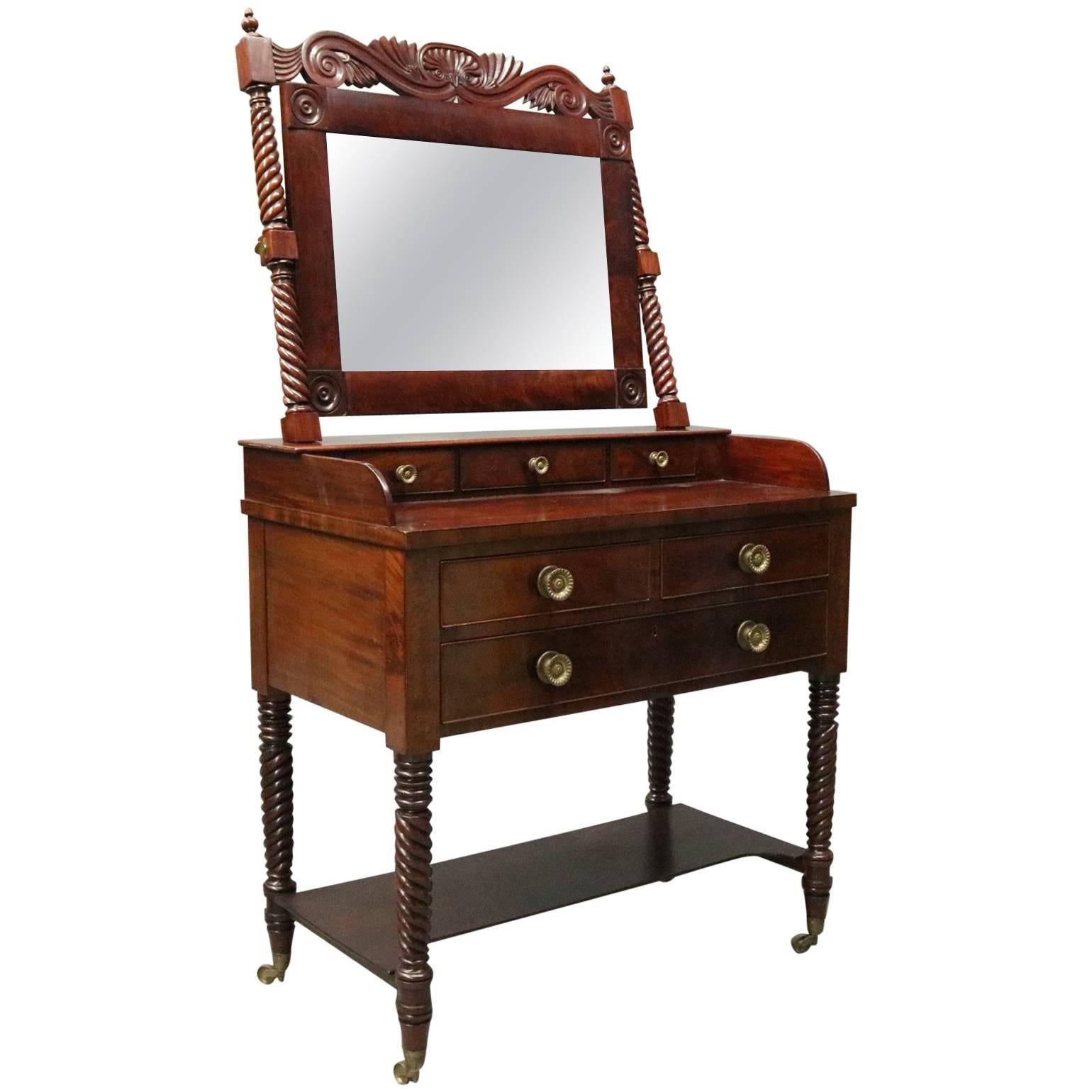 Antique Carved Flame Mahogany and Bronze Sheraton Mirrored Vanity, circa 1820
