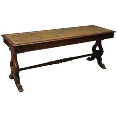 Antique English Georgian Style Carved Mahogany Leather Top Library Table
