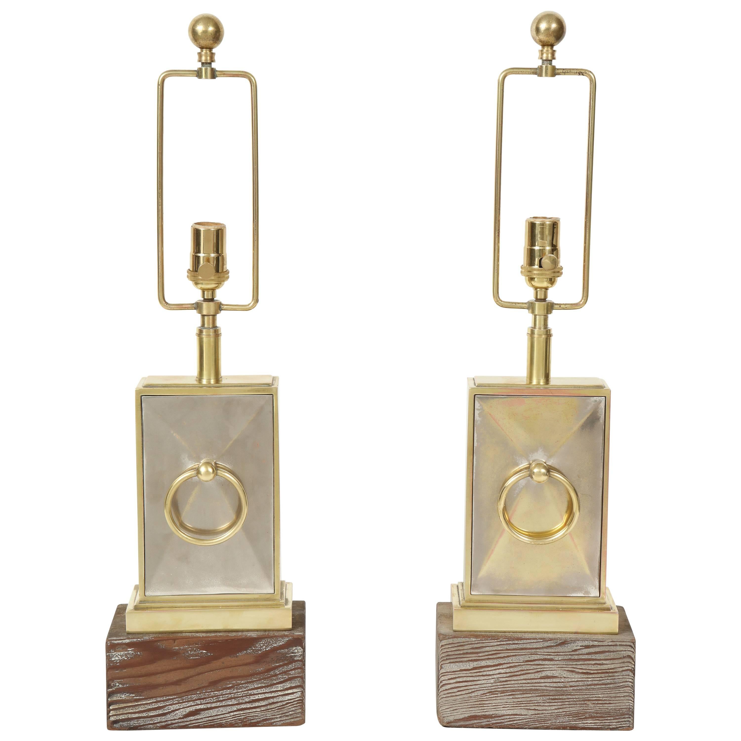 Pair of Brass and Nickel Lamps by James Mont For Sale