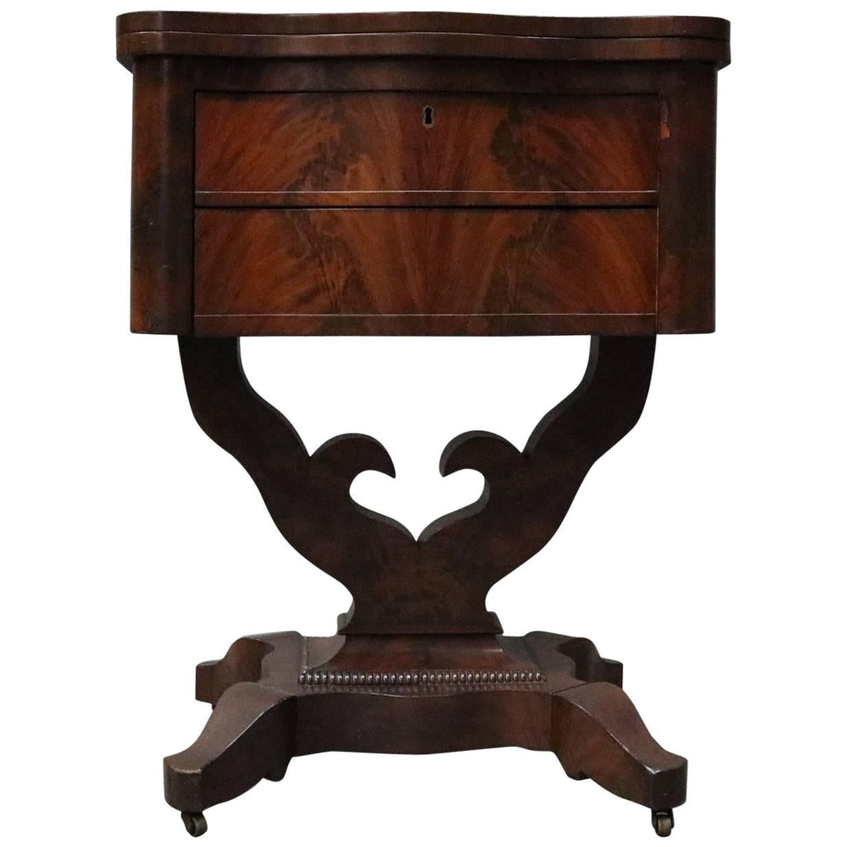 Antique Flame Mahogany Front Two-Drawer Flip-Top Sewing Stand, circa 1880
